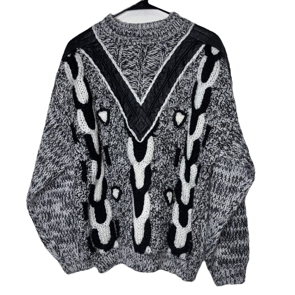 Street Scenes Vintage Chunky Knit Sweater Leather Patch Black White Mens Medium
